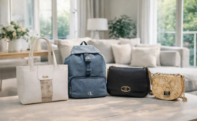 Borse donna su tavolo in soggiorno luminoso, palette neutra