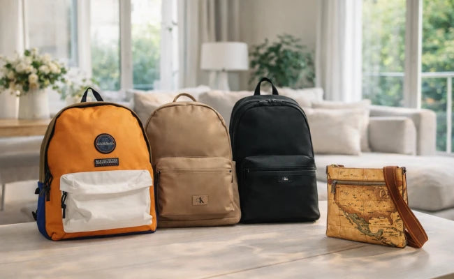 Borse uomo su tavolo in soggiorno luminoso, stile essenziale