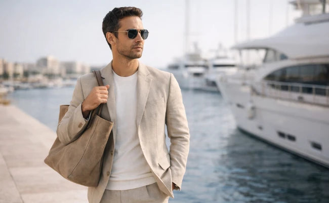 Selezione brand uomo: look estivo elegante vicino al mare