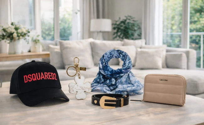 Accessori donna su tavolo in soggiorno luminoso, selezione premium