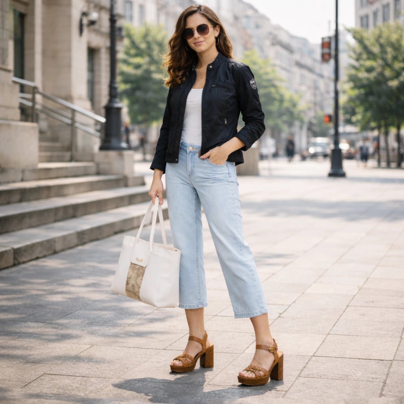 Look donna P/E 2026 in città: giacca leggera, denim chiaro e tote