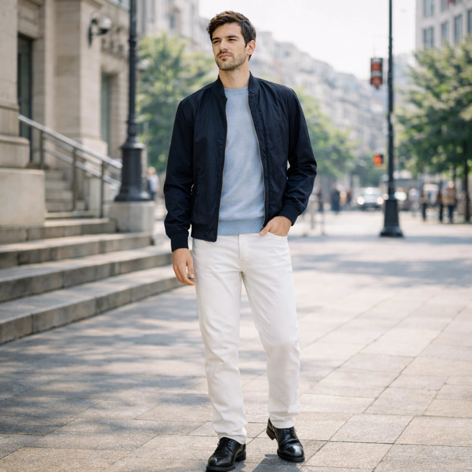 Look uomo P/E 2026 in città: bomber blu e pantaloni bianchi